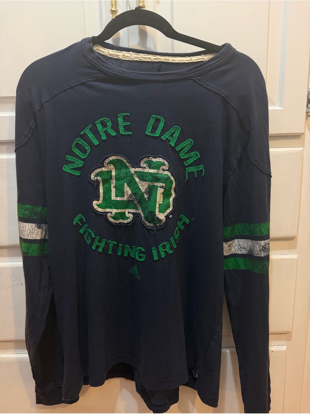 Notre Dame Long Sleeved  Adidas  shirt M Vintage Look Screen Print, Appliqués